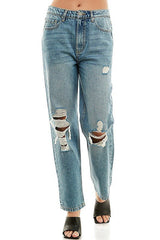 HIGH RISE RIPPED SLIM STRAIGHT JEANS - Blueage Jeans