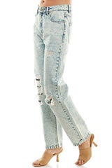 HIGH RISE RIPPED SLIM STRAIGHT JEANS - Blueage Jeans