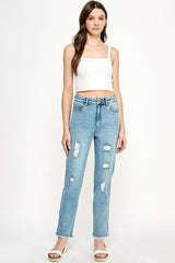 HIGH WAISTED FRAYED HEM CROPPED ANKLE JEANS(JP-1182) - Blueage Jeans